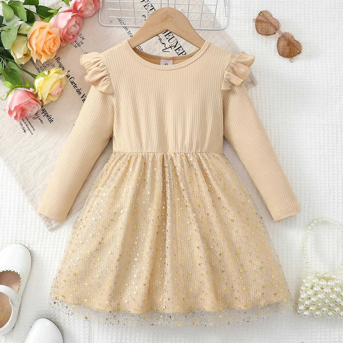 Girl Elegant Temperament Dress Solid Color Star Chiffon Fashiona Dress for 1-6 Year old Girls Spring Autumn Party DressT260313-image-1097422394