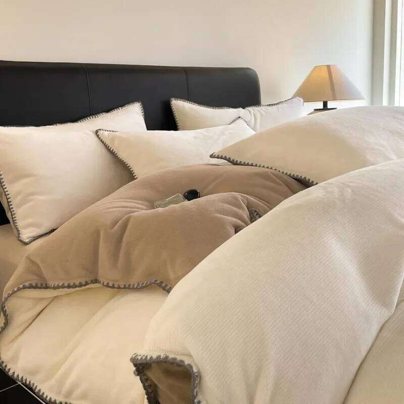 2024 new matte thin strip shell edge winter four-piece set milk coral fleece thickened warm bed sheet quilt cover H260312-image-1097371309