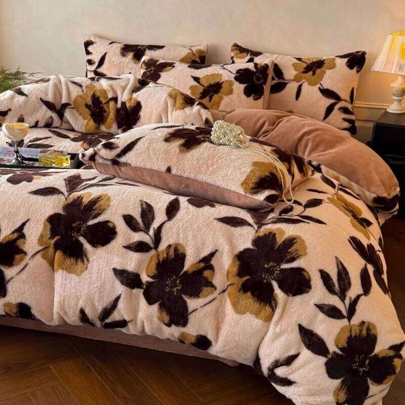New class A thickened imitation rabbit hair carved milk four-piece winter coffee color warm fleece quilt set H260312-image-1097370587