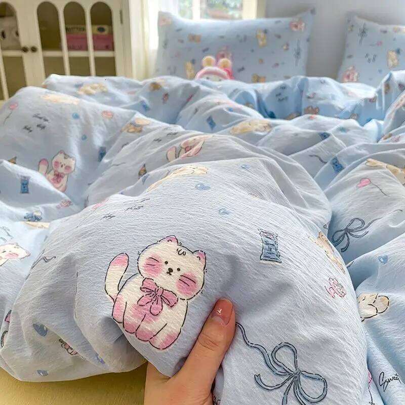 Ins Cute Blue Cat Bedding Sets 2025 New Soft Bed Sheet For Girls Washed Cotton Dormitory Quilt Set No Filling H260312-image-1097373013