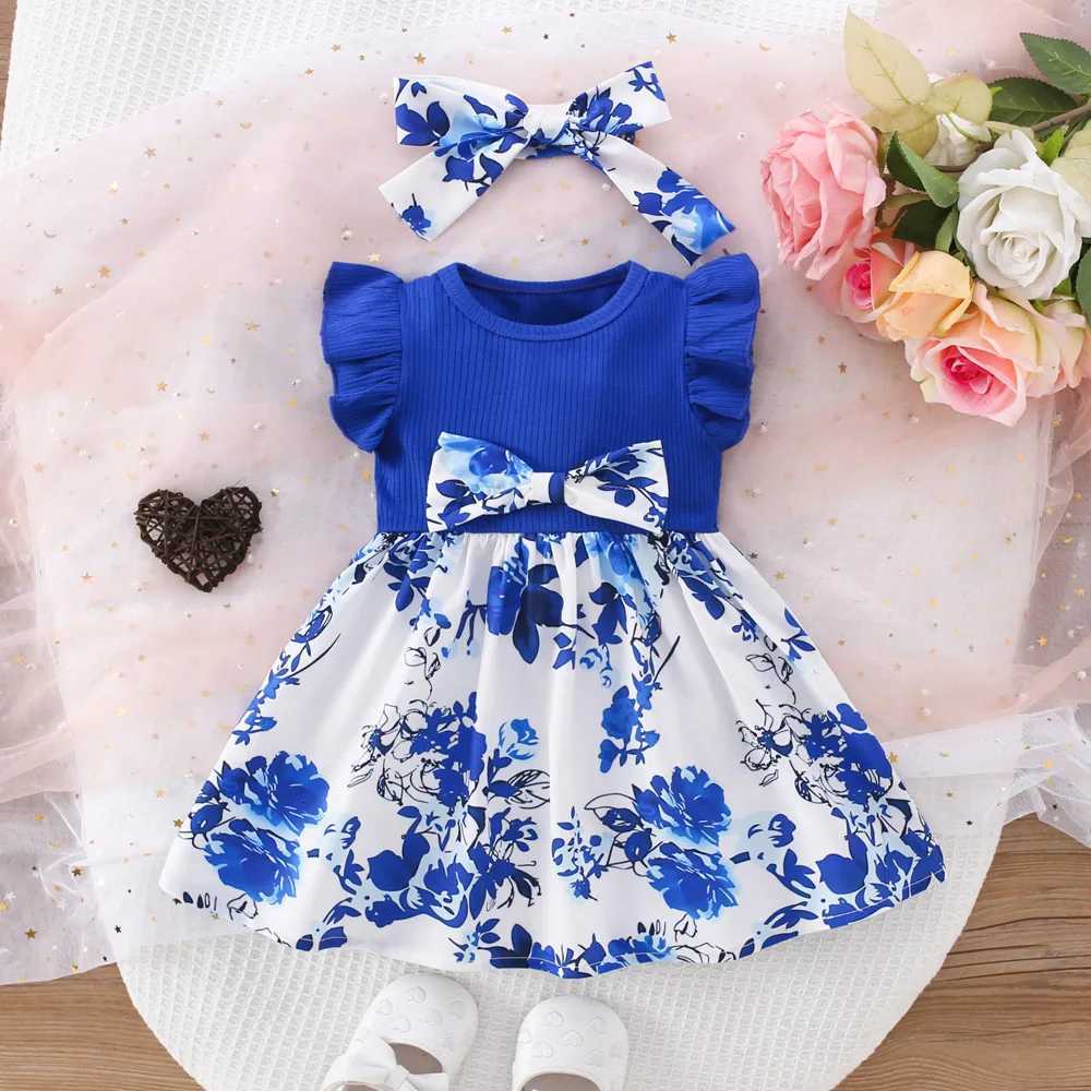 Robe d'été à nœud bleu pour bébé fille, vêtements à la mode pour enfants de 6 mois à 3 ans, avec bandeau gratuit, nouvelle collection, T260313
