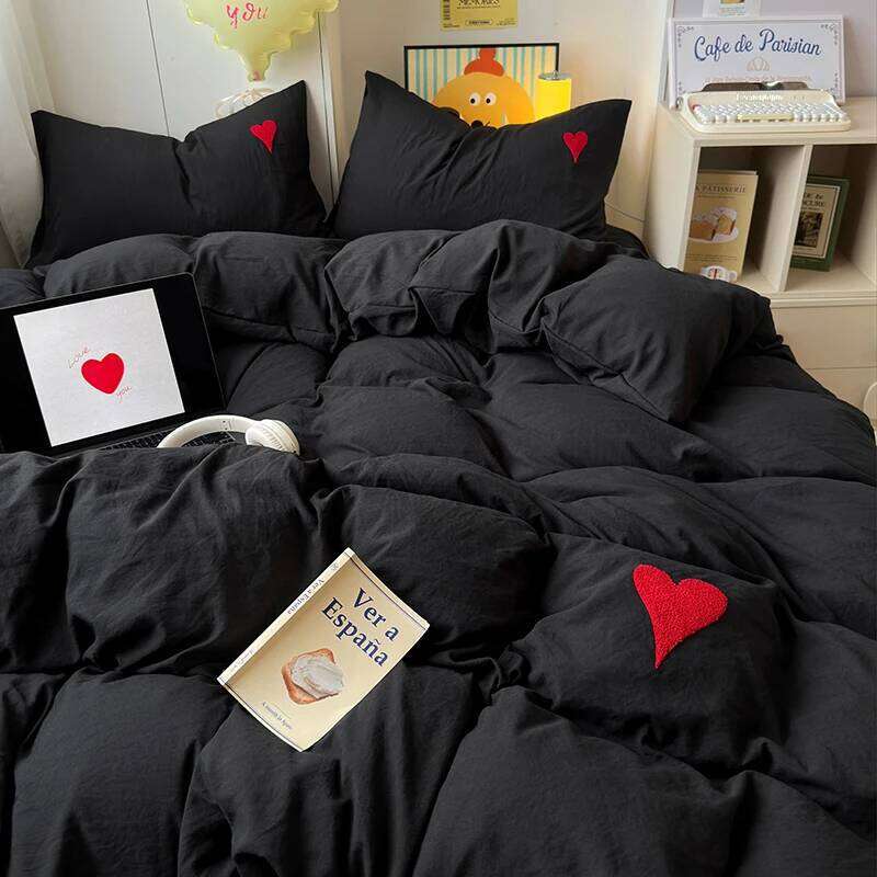 Instagram Japanese style mixed and washed cotton four piece set of soft bed sheets, solid color duvet covers, dormitory H260312-image-1097374202