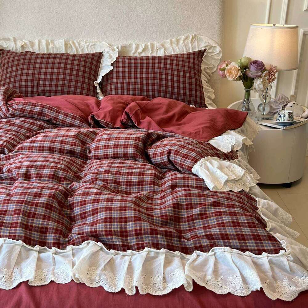 Plaid Bedding Vintage Lace Ruffles Duvet Cover Flat Sheets 2 Pillowcases Single Twin Full Queen Size Bed Set 3/4Pcs H260312-image-1097372923