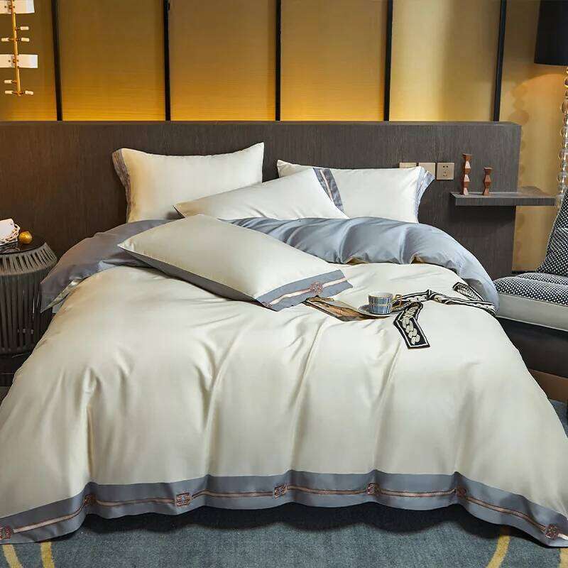 Simple solid color satin long-staple cotton four-piece hotel bed sheet bedding H260312-image-1097371380