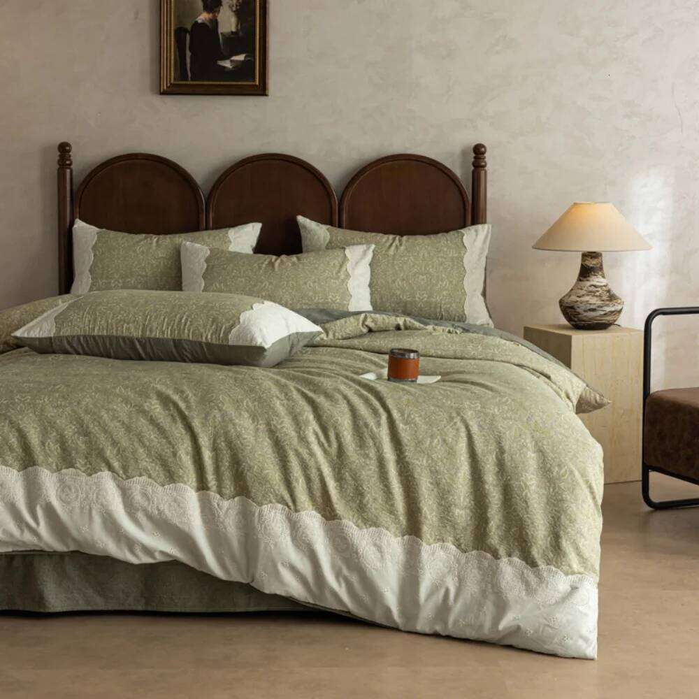 A Class Cotton Linen Four-Piece Skin Friendly Retro Floral Printed Bedding Set Quilt Cover With Lace Pillowcase Bed Sheet H260311 H260312-image-1097374313