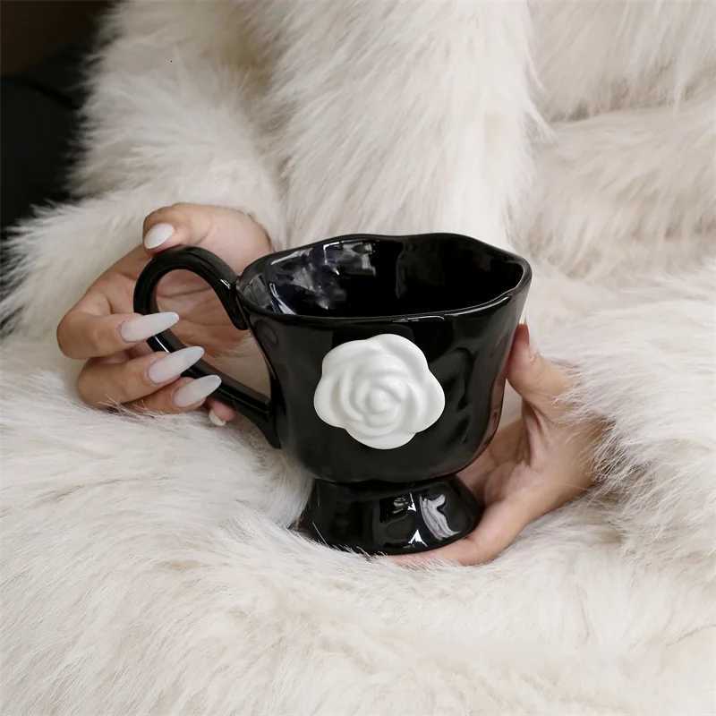Camellia Embossed French Household Creative Breakfast Milk Cup Ceramic Mug Office Coffee Cup Retro Mugs with Handle C260313-image-1097498559