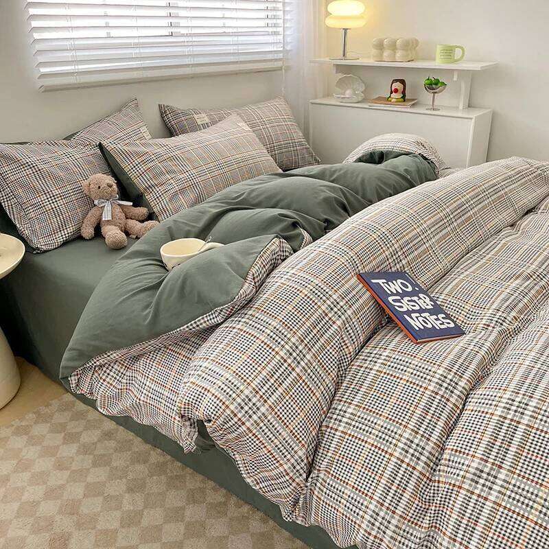 Nordic Plaid Pattern Wash Cotton Bedding Duvet Pillowcase Sheet Comforter Cover Bed Linens Set Queen King Size H260312-image-1097370310