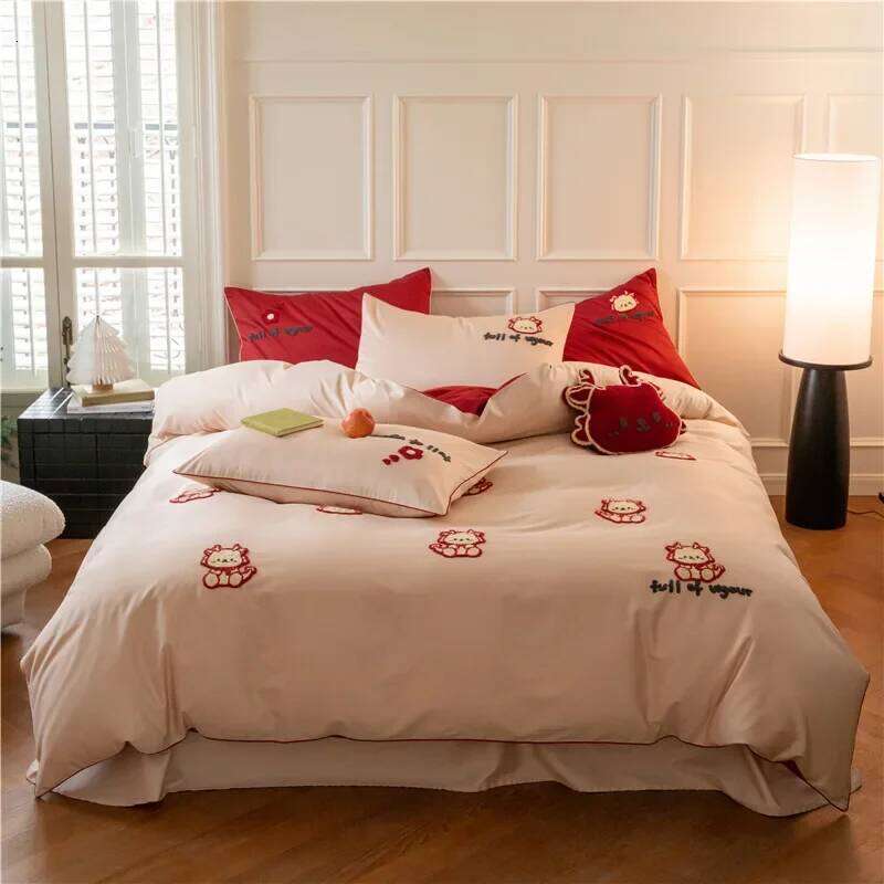 New Year Limited Long-Staple Four-Piece Set Cute Towel Embroidery Cotton Red Quilt Cover H260312-image-1097373597