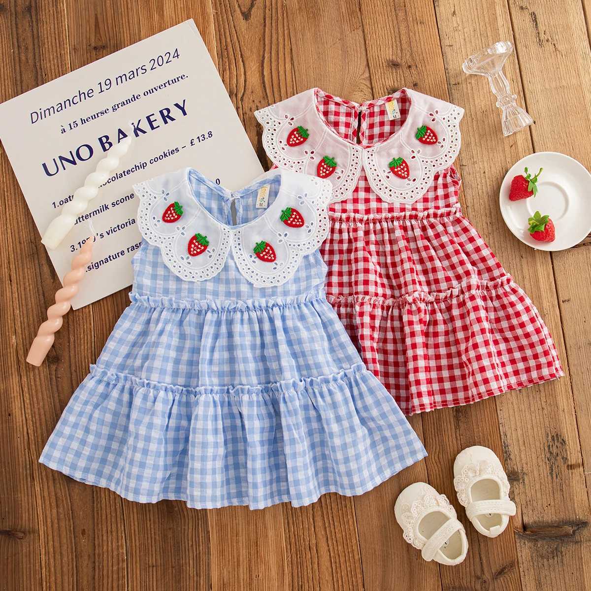Korean Style Toddler Dress Strawberry Embroiderey Red Baby Gril Sleeveless Check Dress for Kids Girl Casual Outdoor DressT260313-image-1097417937