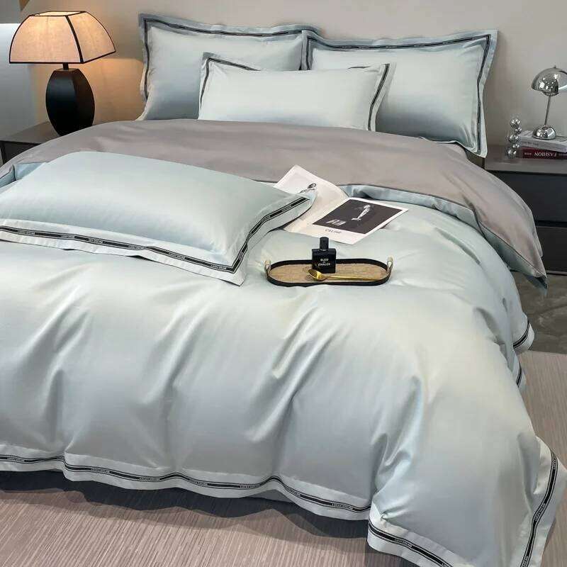 New long-staple cotton four-piece set, 40-piece solid color wide-edge simple bed quilt cover and sheet H260312-image-1097372283