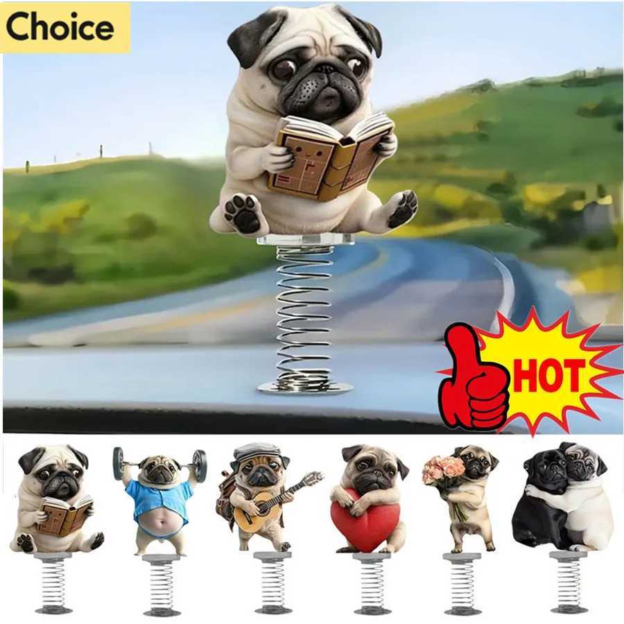 1Pcs Cute 2D Pug Car Ornaments Kawaii Reading Dog Car Panel Dashboard Spring Toys Decor Creative Accessories Gift K260313-image-1097393122
