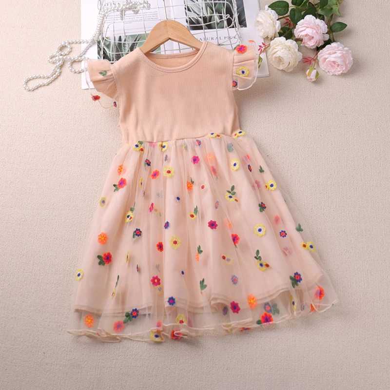 Summer Patchwork Mesh Girls Dress Flying Sleeve Casual Dress Embroidered Flower Kid Clothes Children DressT260313-image-1097421022