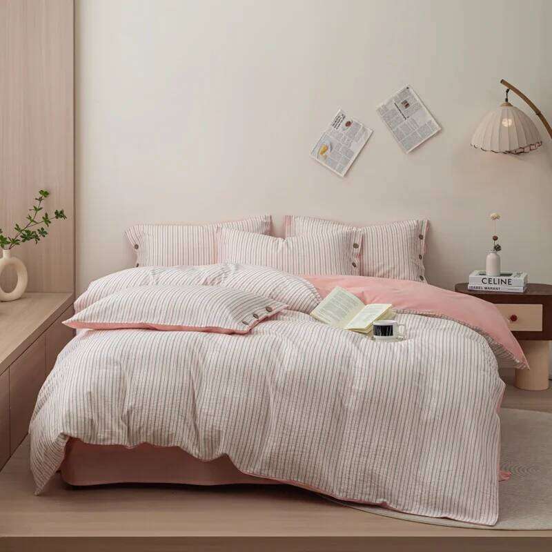 2024 new yarn-dyed small jacquard striped washed cotton simple bedding high-end button bed four-piece set H260312-image-1097370081