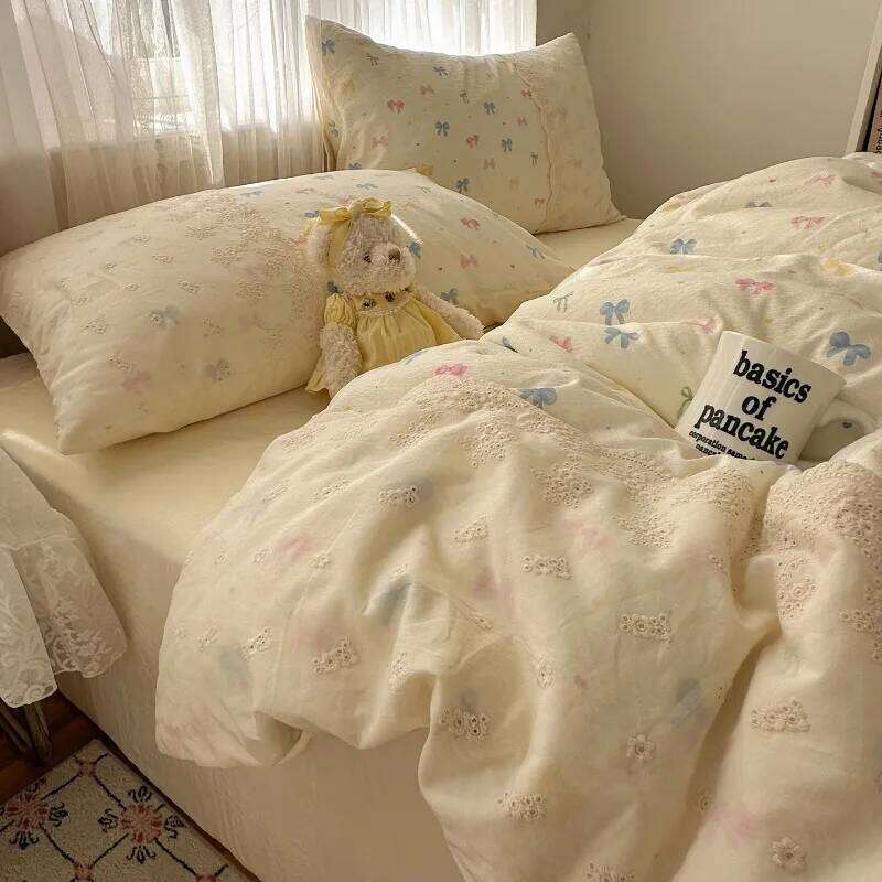 2025 new lace washed cotton four-piece Korean dormitory quilt cover student bed sheet three-piece set H260312-image-1097373622