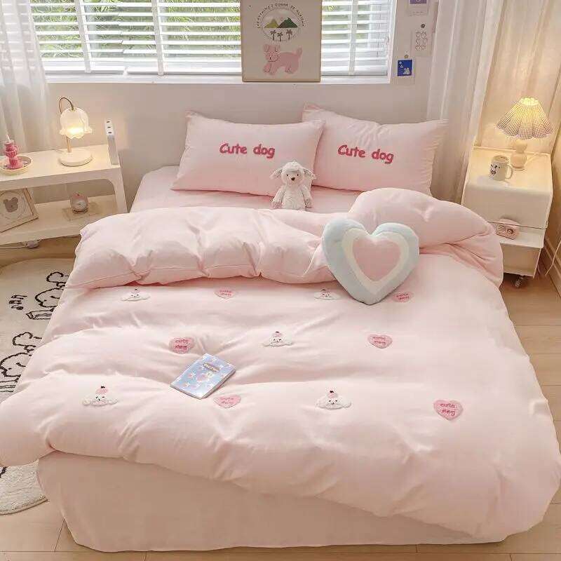 Ins Girly Heart Towel Embroidery Bedding Four-piece Soft Washed Cotton Bed Sheet Quilt Cover Three-piece Set H260312-image-1097372241