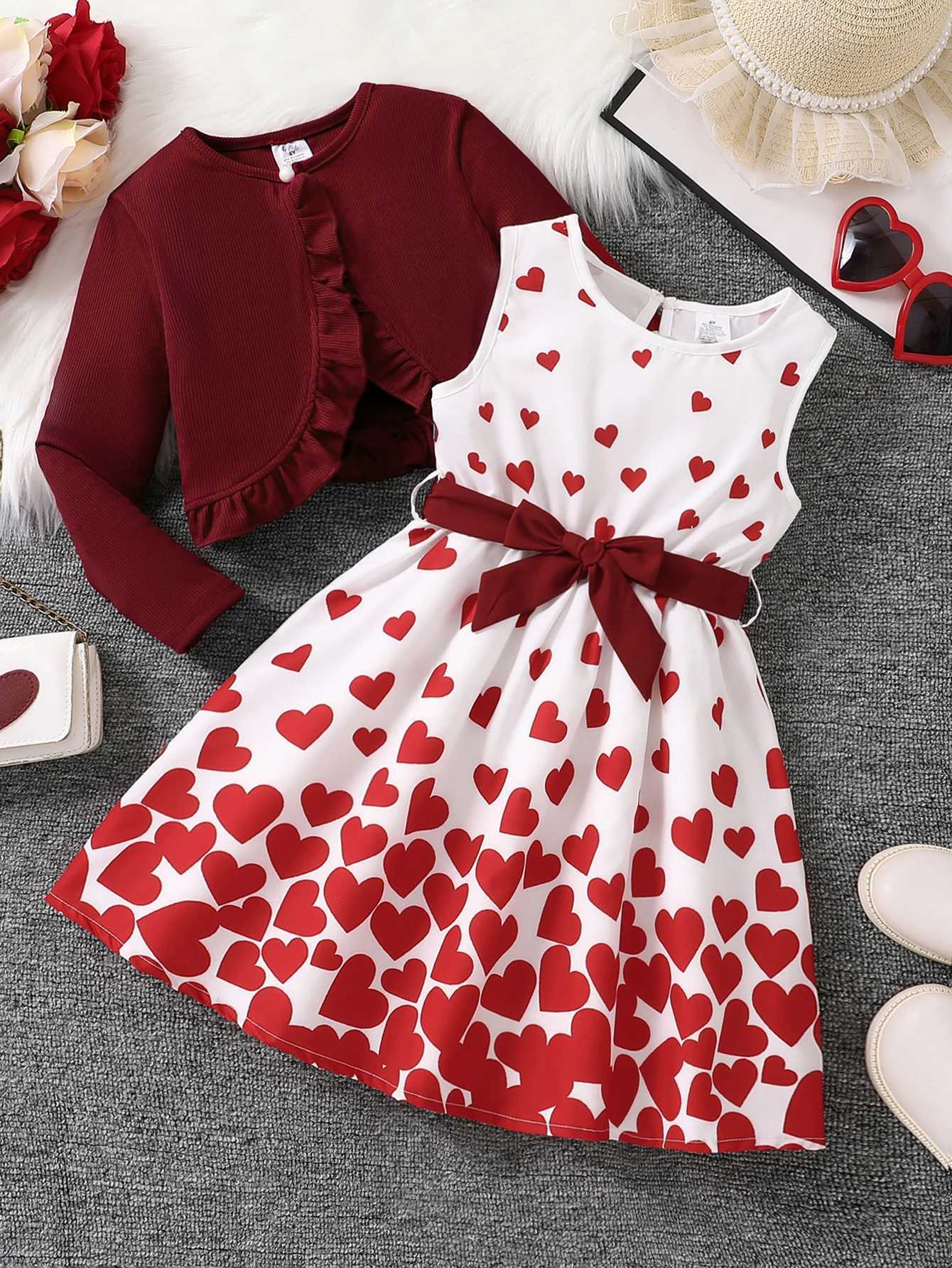 Spring Autumn Casual Cute Girl Two-Piece Set Red Vest Heart-Shaped Floral Skirt Fashion Outfit for GirlsT260313-image-1097420837