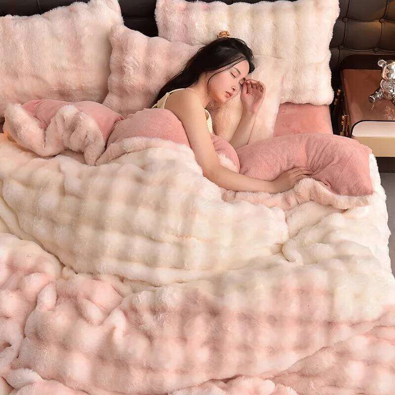 2024 new light four-piece set thickened warm milk velvet rabbit hair tie-dye bed sheet quilt cover H260312-image-1097374189