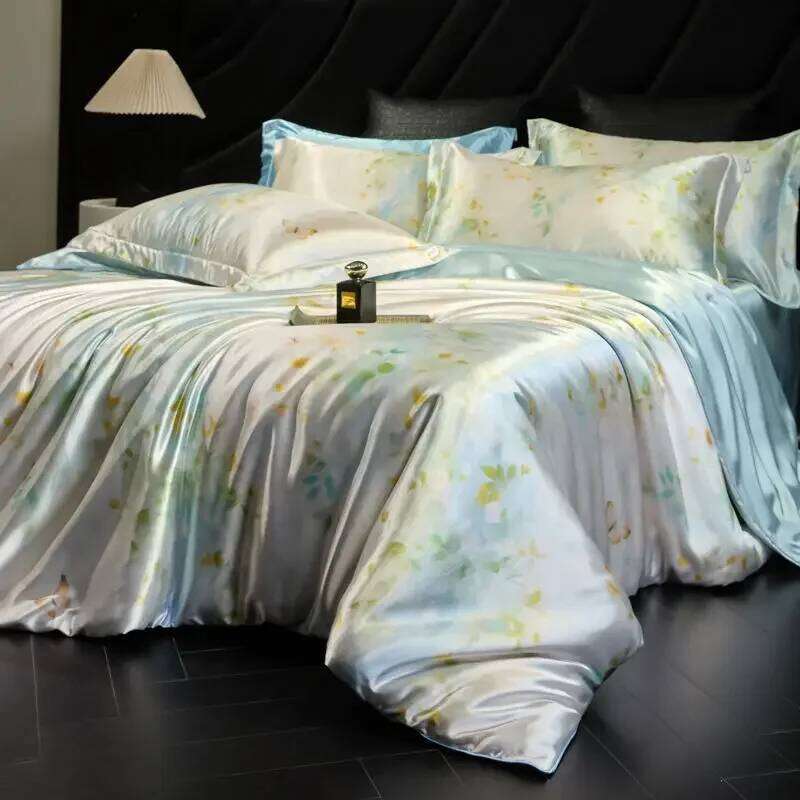 100% Natural Mulberry Silk Fitted Sheet Bedding Sets 3D Printed Satin Cooling Quilt Cover Set for Summer Single Double Bed Kit H260312-image-1097372967