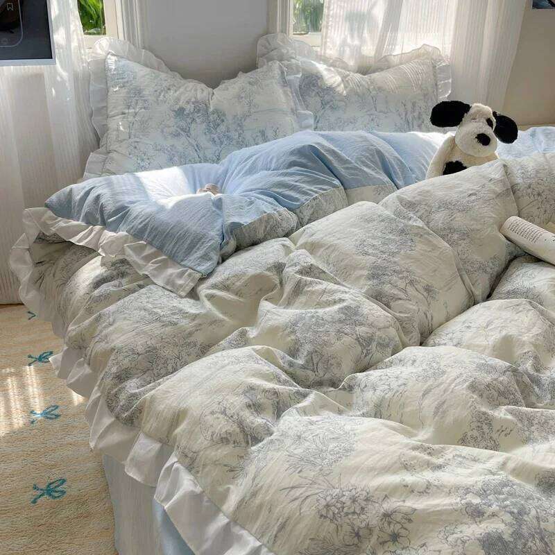 Blue Floral Ruffle Duvet Cover Queen Flower Leaf Comforter Covers 4Pcs Soft Pastoral Garden Washed Cotton Bedding Set H260312-image-1097372710