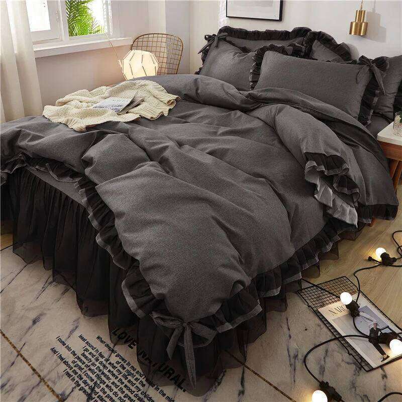 Black Princess Bedding Sets Kawaii Bed Skirt Sheet Pillowcase Fashion Girl Duvet Cover 4 Pieces Home Decoration H260312-image-1097373887