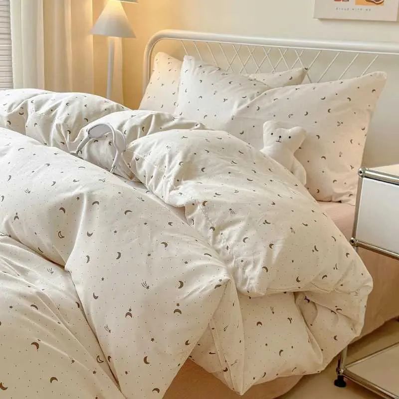 Simple Style Bed Linen Bedding Set Printing Washed Cotton Home Bedroom Decor Duvet Cover Pillowcase Bedspread Four Piece SetsM240816 X2-image-1097438062