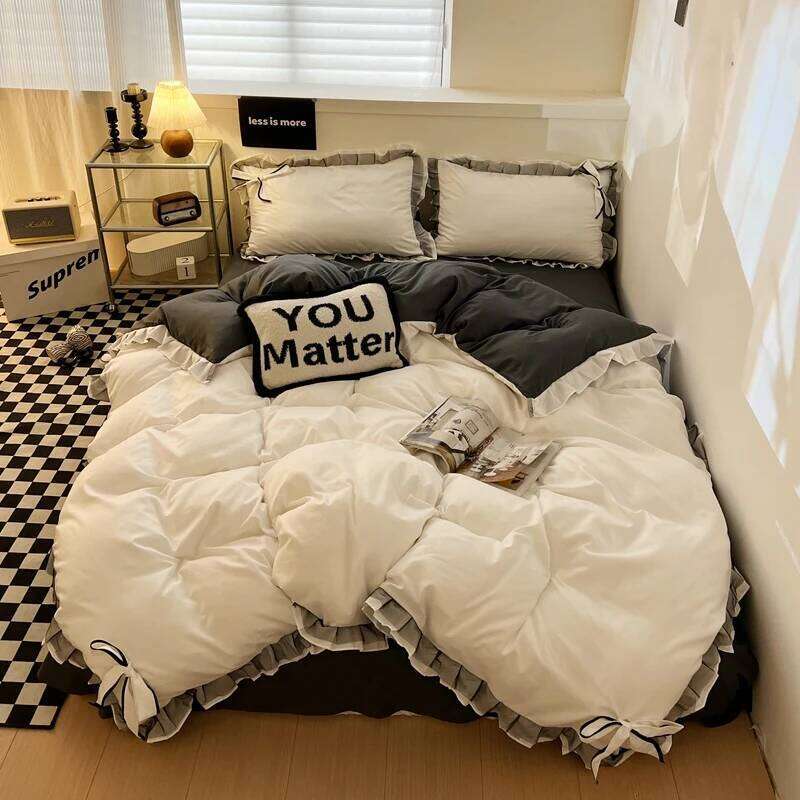 Bowknot Bedclothes Lace Style Sheets Skin-friendly Bedding ropa de cama Single/Double/Queen/King Size Bed Linen Set H260312-image-1097371004