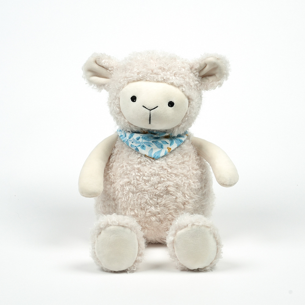 Cute Beige Sheep Plush Toy, Blue Scarf, Soothing Doll for Kids-image-1097421480