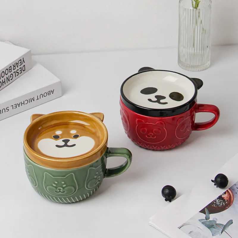 220ML Mug Japanese Shiba Inu Ceramic Coffee Cup Saucer Cartoon Animal Breakfast Milk Cup Embossed Coffee Cup Afternoon Tea Suppl C260313-image-1097497717