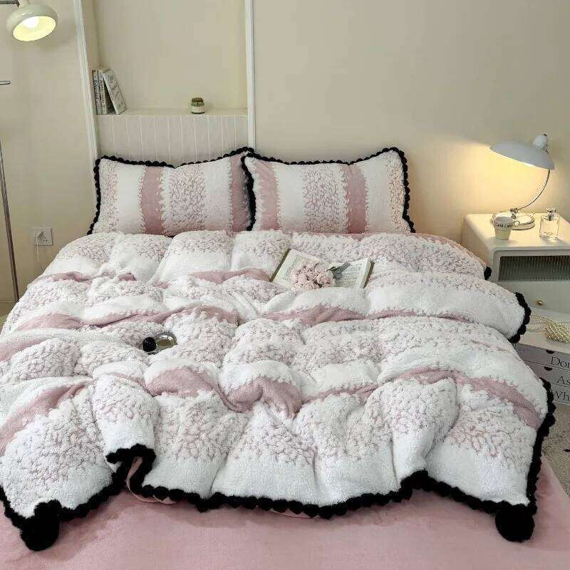 2025 new moire fringed lace four-piece set milk ball blanket quilt cover double-sided velvet winter H260312-image-1097373543