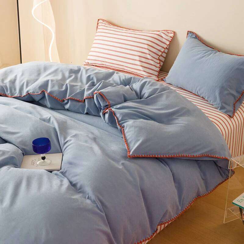 Striped Girls Flower Bedding Sets, Washed Cotton Bed Linens, Soft Quilt Cover Sheet Set, Simple Bedspread, Home Textiles H260312-image-1097370689