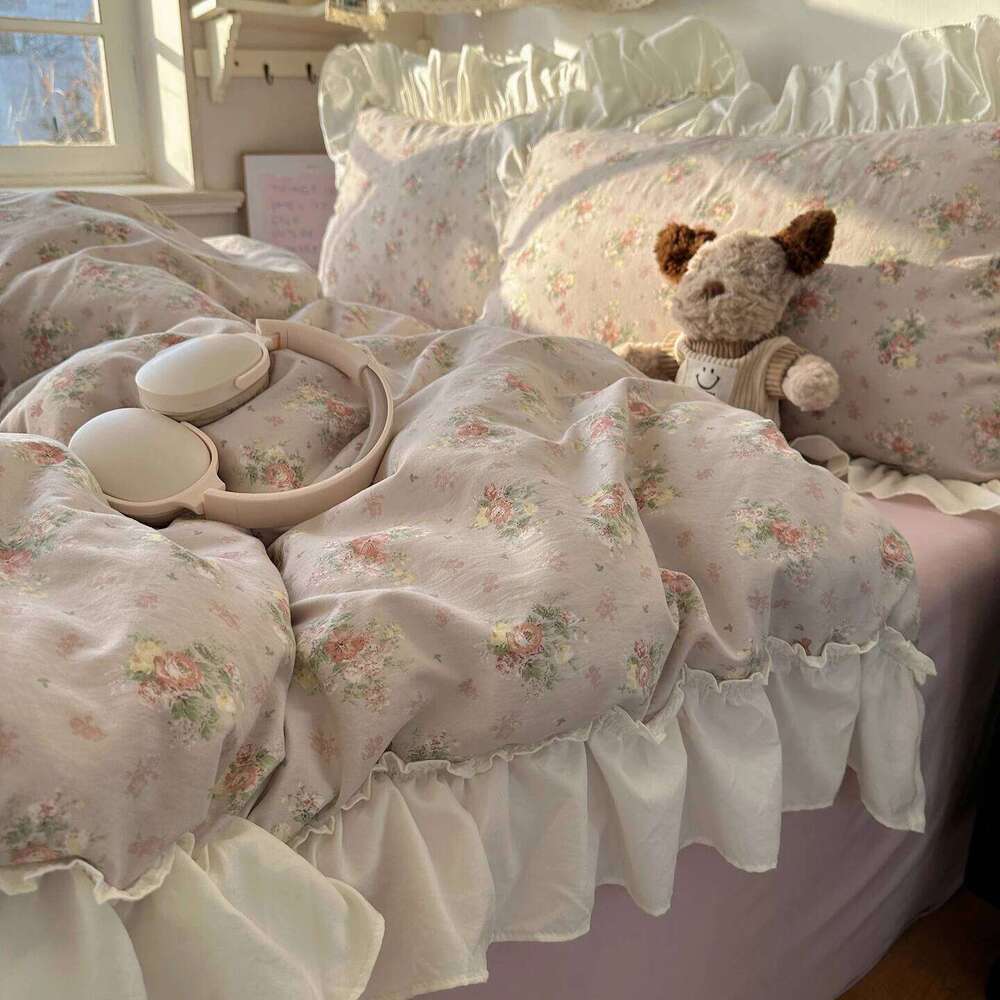 Korean Princess Style Floral Ruffles Bedding Set Washed Cotton Duvet Cover Bed Sheet Pillowcases Single Full Queen Size 3/4Pcs H260312-image-1097373300