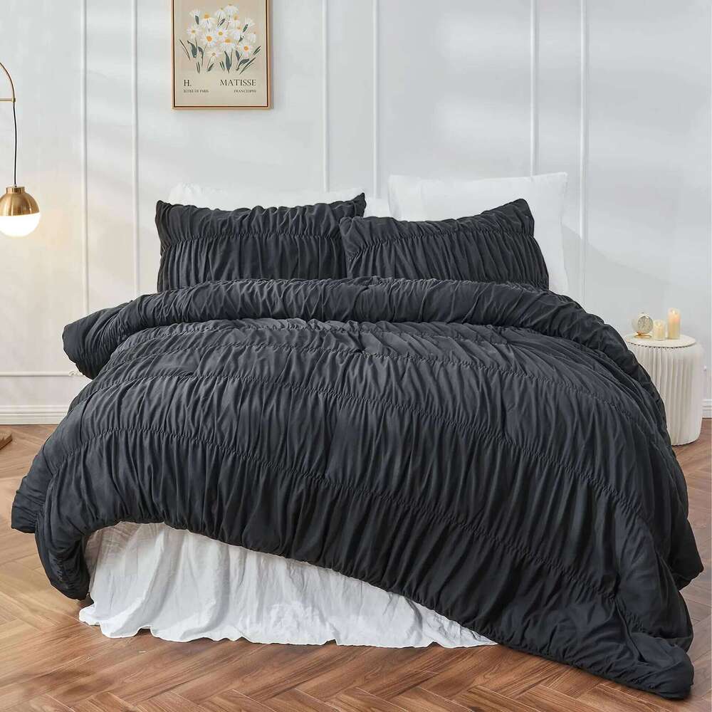Ruched Black Duvet Soft and Twin Queen King Comforter Cover Boho Shabby Chic Bedding - Fluffy 2/3 Piece Set H260312-image-1097373323