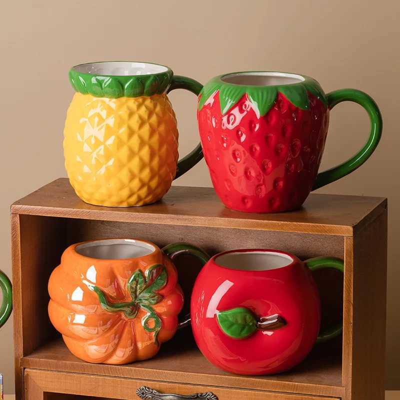 Three-dimensional Fruit Porcelain Coffee Mug Large Capacity Strawberry Mug Home Afternoon Tea Dessert Tea Cup Couple Mug C260313-image-1097497271