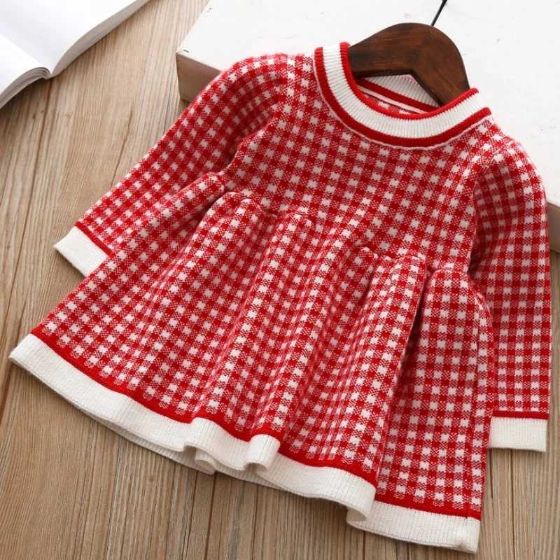 Automne et hiver filles nouveau damier imprimé à manches longues couleur bloquée doux et mignon mode chaude Mini robe en laine T260313