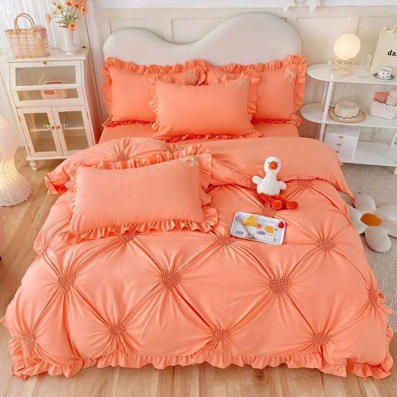 Korean version bed skirt princess style bedding set, autumn and winter thickened matte four piece set H260312-image-1097373487
