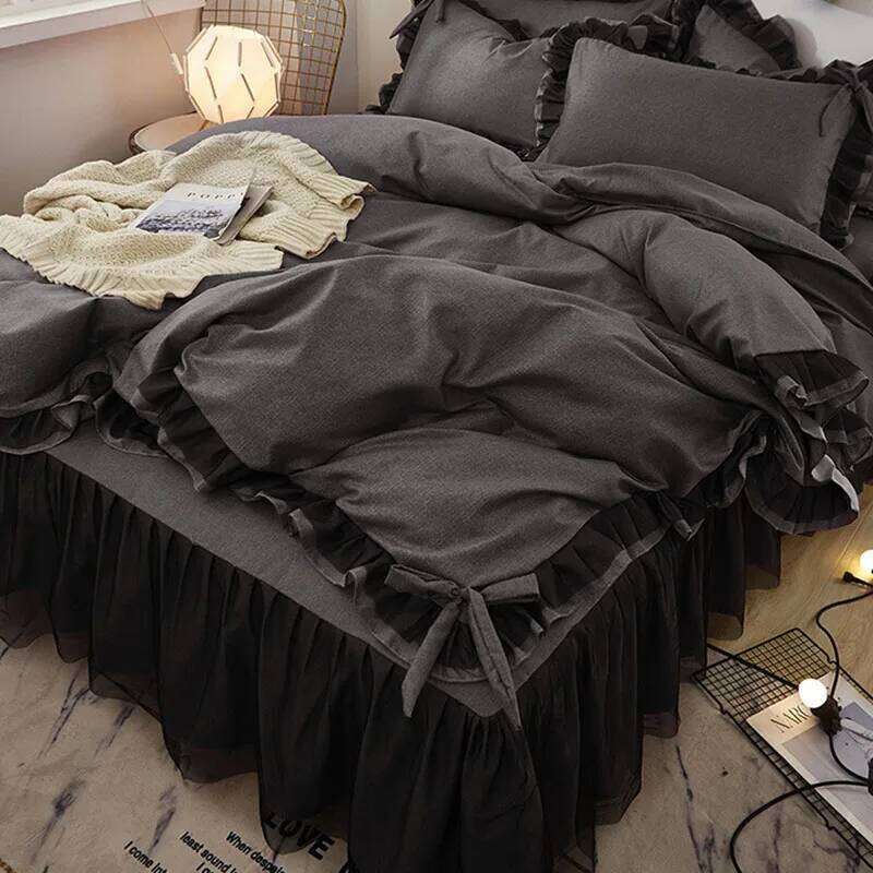 Korean Bed Skirt Bedding Sets with Ruffled Edges Thickened Princess Brushed Quilt Kit Solid Skin-Friendly Breathable Bedclothes H260312-image-1097372721