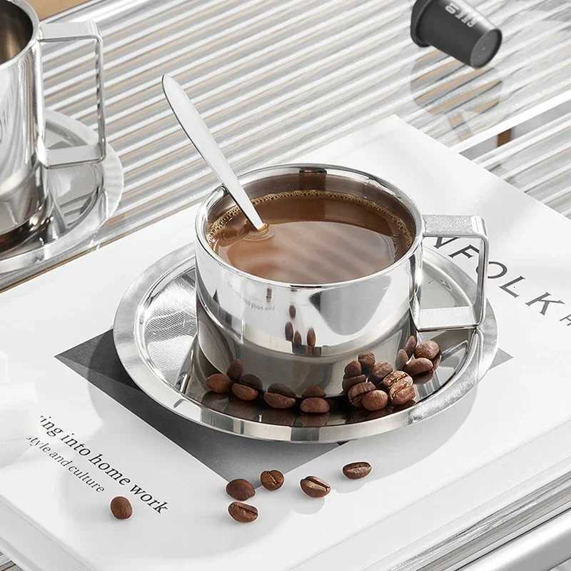 New Stainless Steel Coffee Cups with Tray Stirring Spoon Double Wall Insulation Milk Tea Mug Household Water Cup Kitchen Tools C260313-image-1097497869