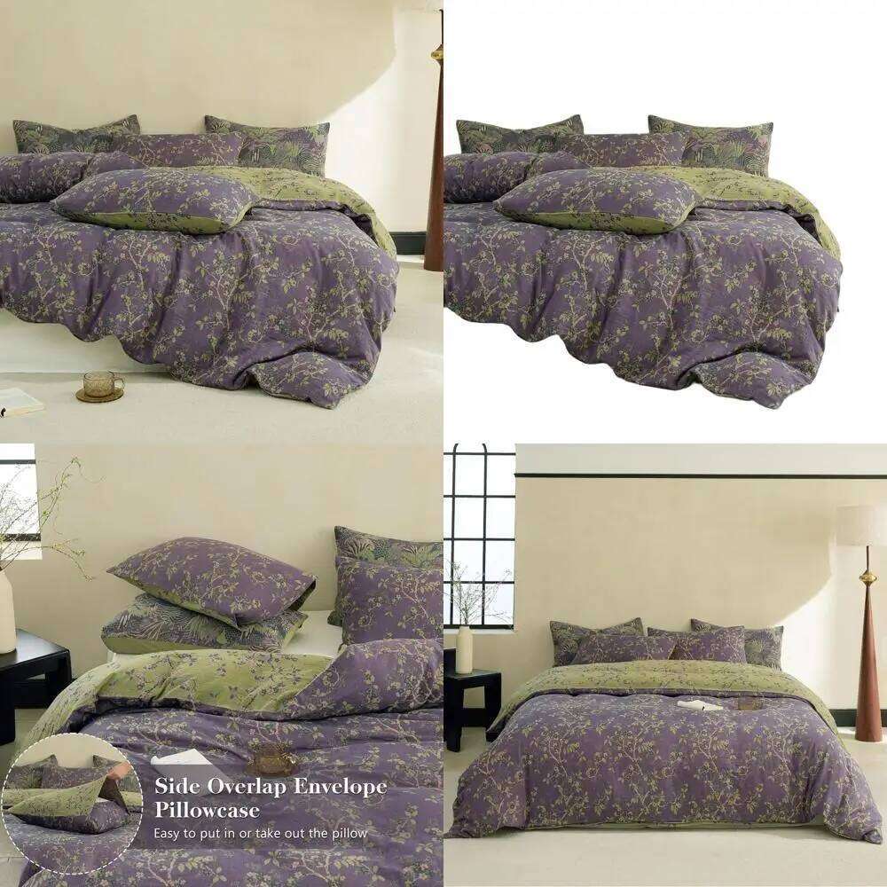 Queen Size Vintage Purple Cotton Muslin Duvet Cover Set, 3-Piece Washed Yarn-Dyed Floral Jacquard Bedding with Zipper H260312