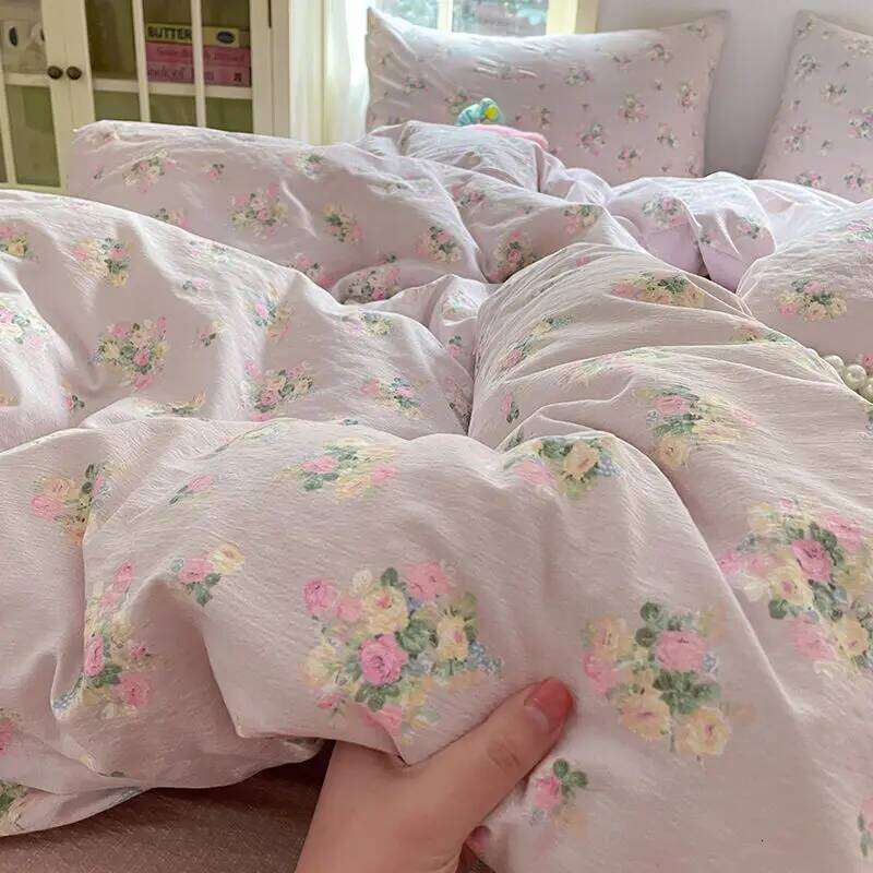 Ins Korean Girl Heart Knitted Double layer Yarn Soft Water Washed Quilt Four Piece Bed Sheet Dormitory 3-Piece Set H260312-image-1097370620