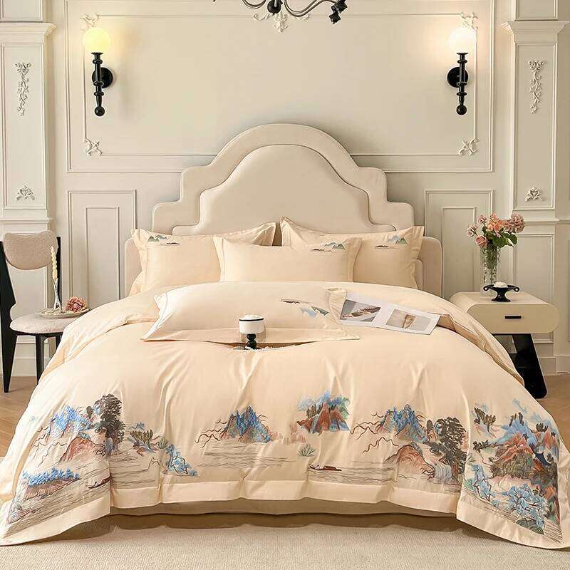High-grade New Chinese Class A Pure Cotton Four-piece Embroidery Quilt Cover Bed Sheets King Queen Bedding Set H260312-image-1097372325