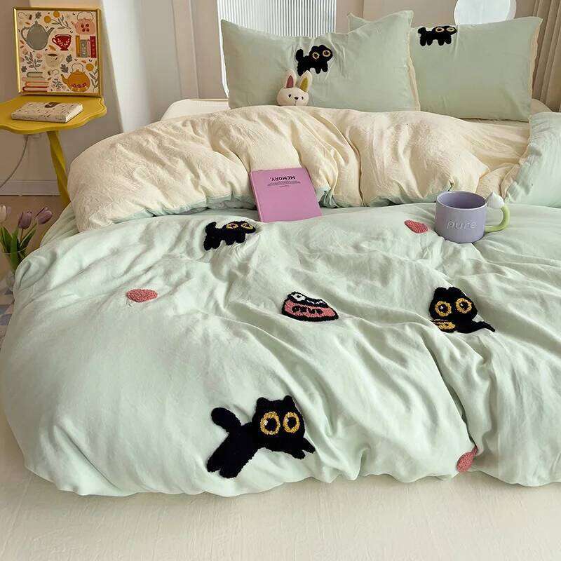 Bedding 2024 New Seasons Super Soft Washed Cotton Towel Embroidery Duvet Cover Four Piece Set - Lucky Cat Series H260312-image-1097372449