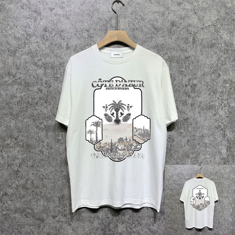Rhud T Shirt Designer High Quality Designer Shirts Casual Fashion American Retro Multi Pattern Badge Castle Peak T-Shirt Cotton Men Women Round Neck