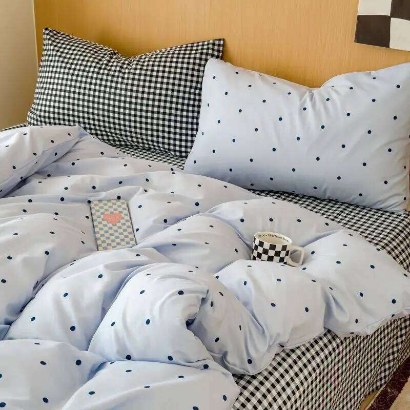 Ins Simple Blue Dot Bedding Sets 2025 New Girls Bed Sheet Four Piece With Pillowcases Dormitory Quilt Set No Filling H260312-image-1097371872