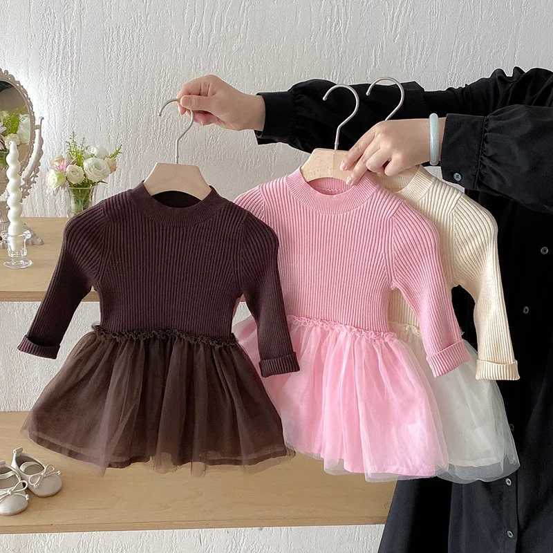 2025 New Autumn Children Knitting Clothes 1-6Yrs Baby Girl Party Dress Long Sleeved Knitted Mesh Splicing Kids Princess DressesT260313-image-1097418089