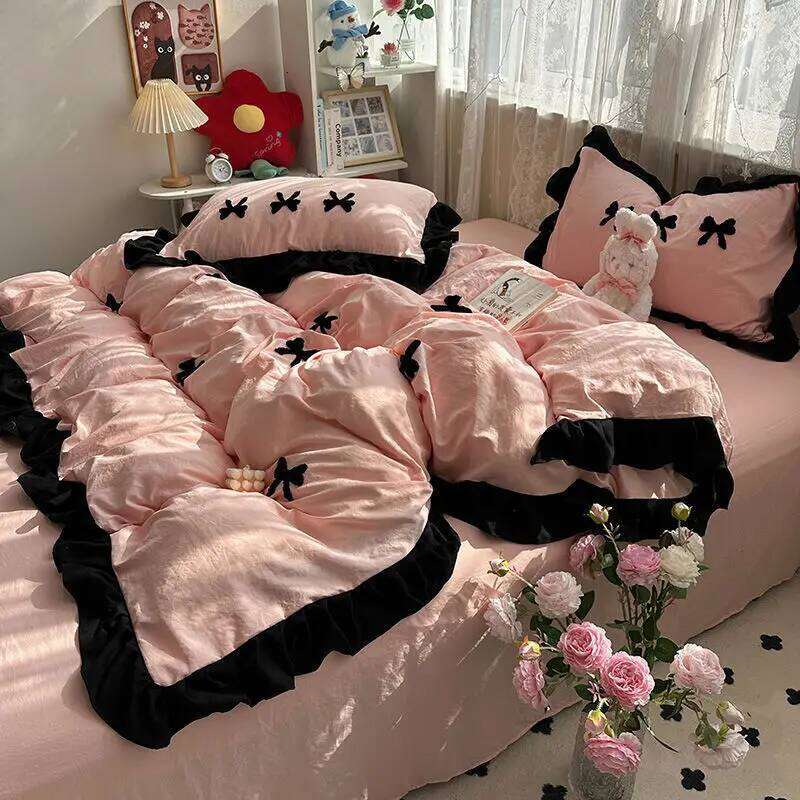 Ins Pink Bow Bedding Ruffles Duvet Cover Flat Sheet Women Girls Princess Bed Linen Set Single Twin Queen Bedclothes H260312-image-1097374123