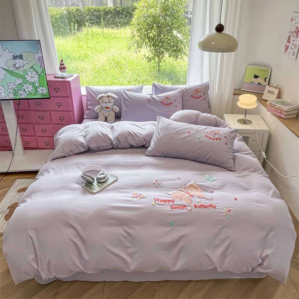 Double Sided Duvet Cartoon Embroidery Bedding Pillowcase Washed Cotton Printing Four-Pieces Set Quilt Cover Bed Sheet H260312-image-1097370837