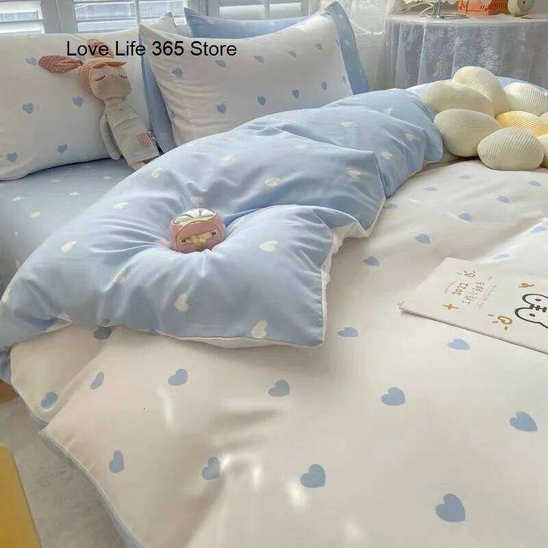 Ensemble de literie imprimé coeur d'amour bleu doux pour filles adultes enfants couvre-lit et taies d'oreiller drap plat doux pleine taille 3/4 p