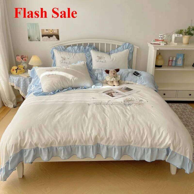 2025 new lace embroidery small fresh and cute girl heart four-piece set washed cotton summer sheet quilt cover bed hat H260312-image-1097372468