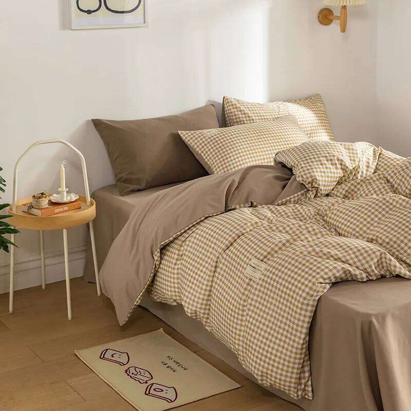 Japan Style Plaid Pattern Duvet Queen Soft Skin Friendly Washed Cotton Bedding Set Home Textile Bed Linens Quilt Cover H260312-image-1097373127