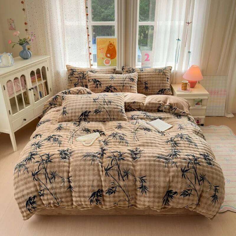 New simple printing bubble milk fleece four-piece set student dormitory cartoon thickened bed sheet quilt cover kit household H260312-image-1097372330